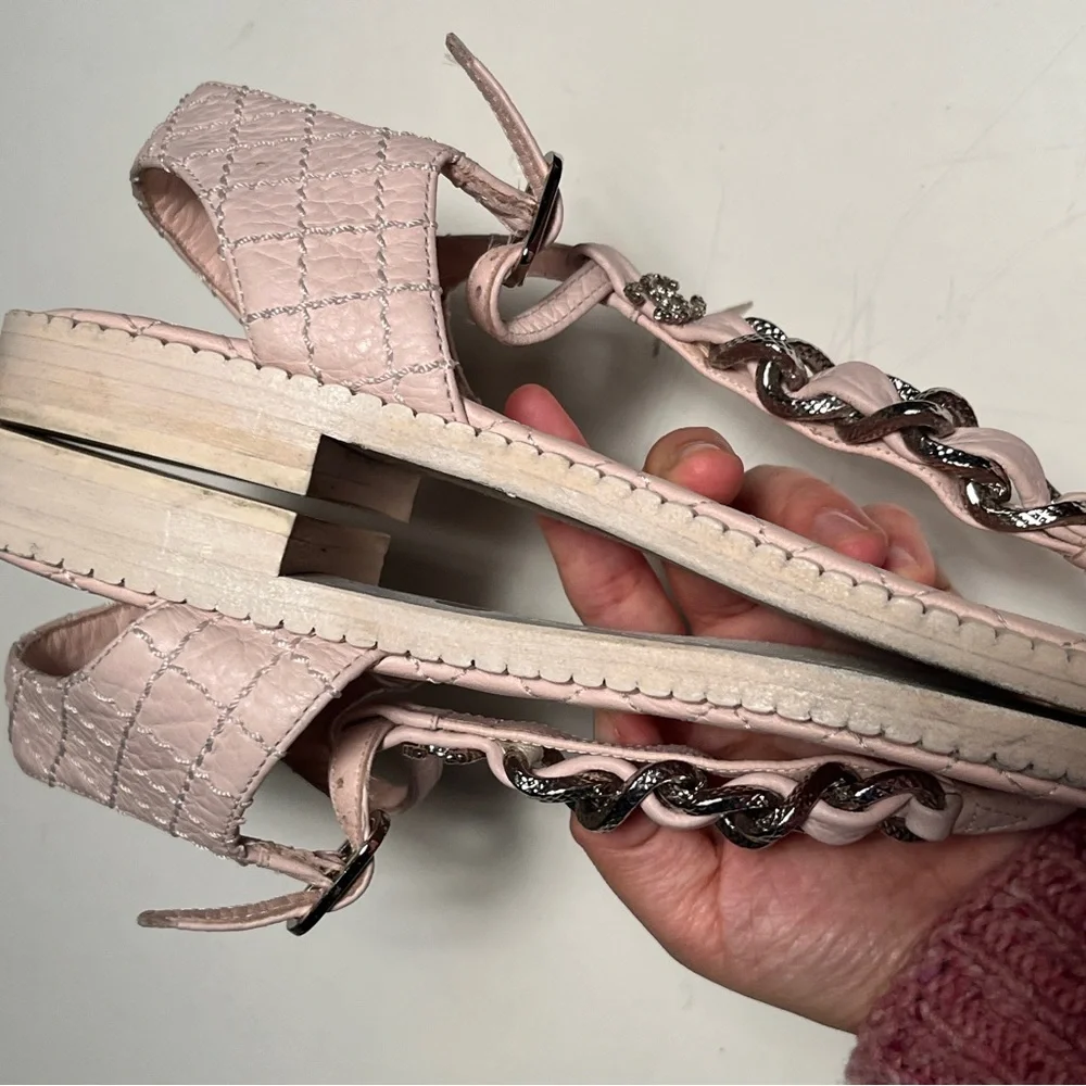 CHANEL Light Pink Quilted Sandals with Silver Accents